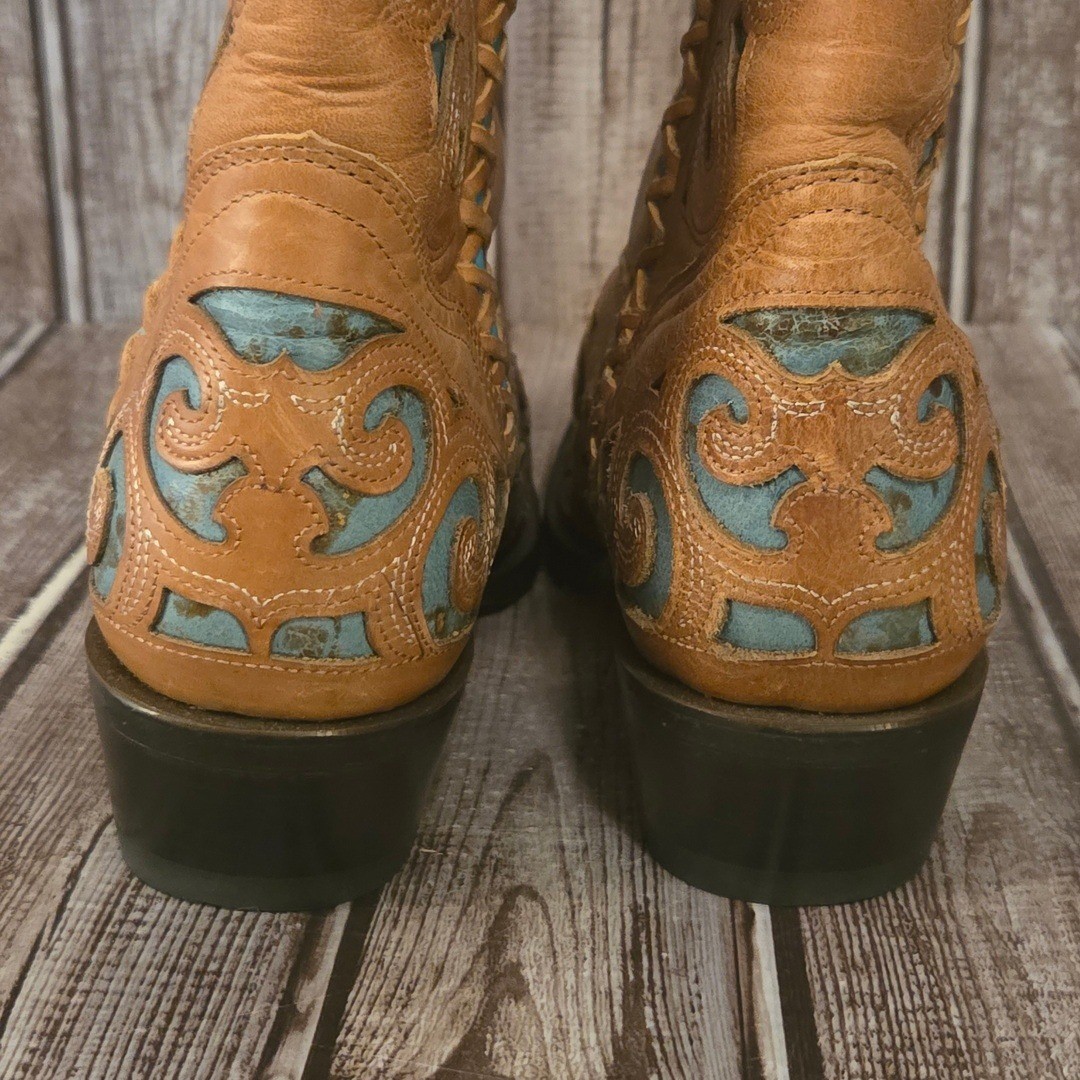 Sz 6 B Womens JB Dillon Tan Turquoise Filigree Cutout Western Boots Excellent