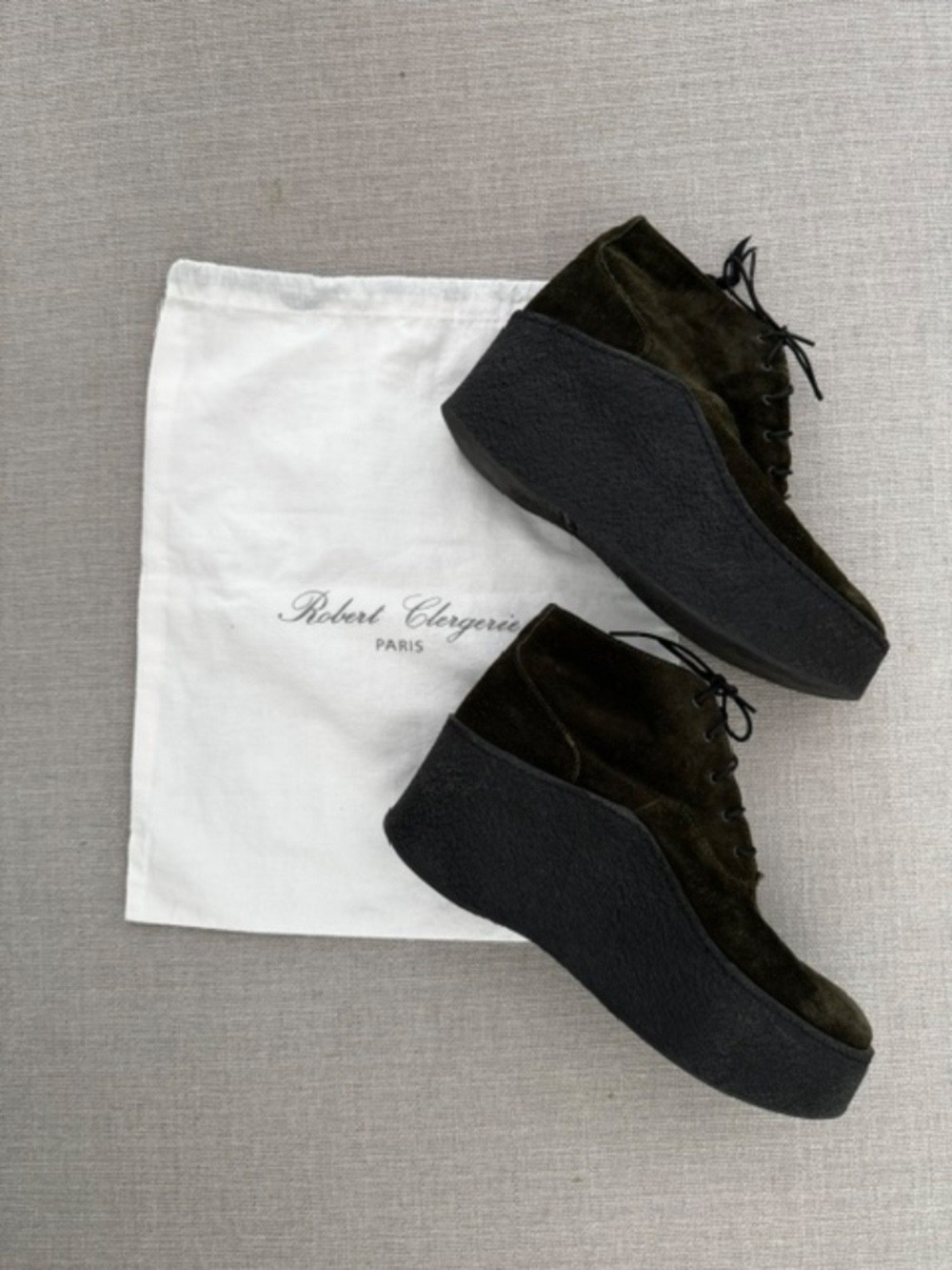 ROBERT CLERGERIE Platform ~ Booties ~ Deep Olive Suede ~ Lace-up ~ Sz 7 EUC