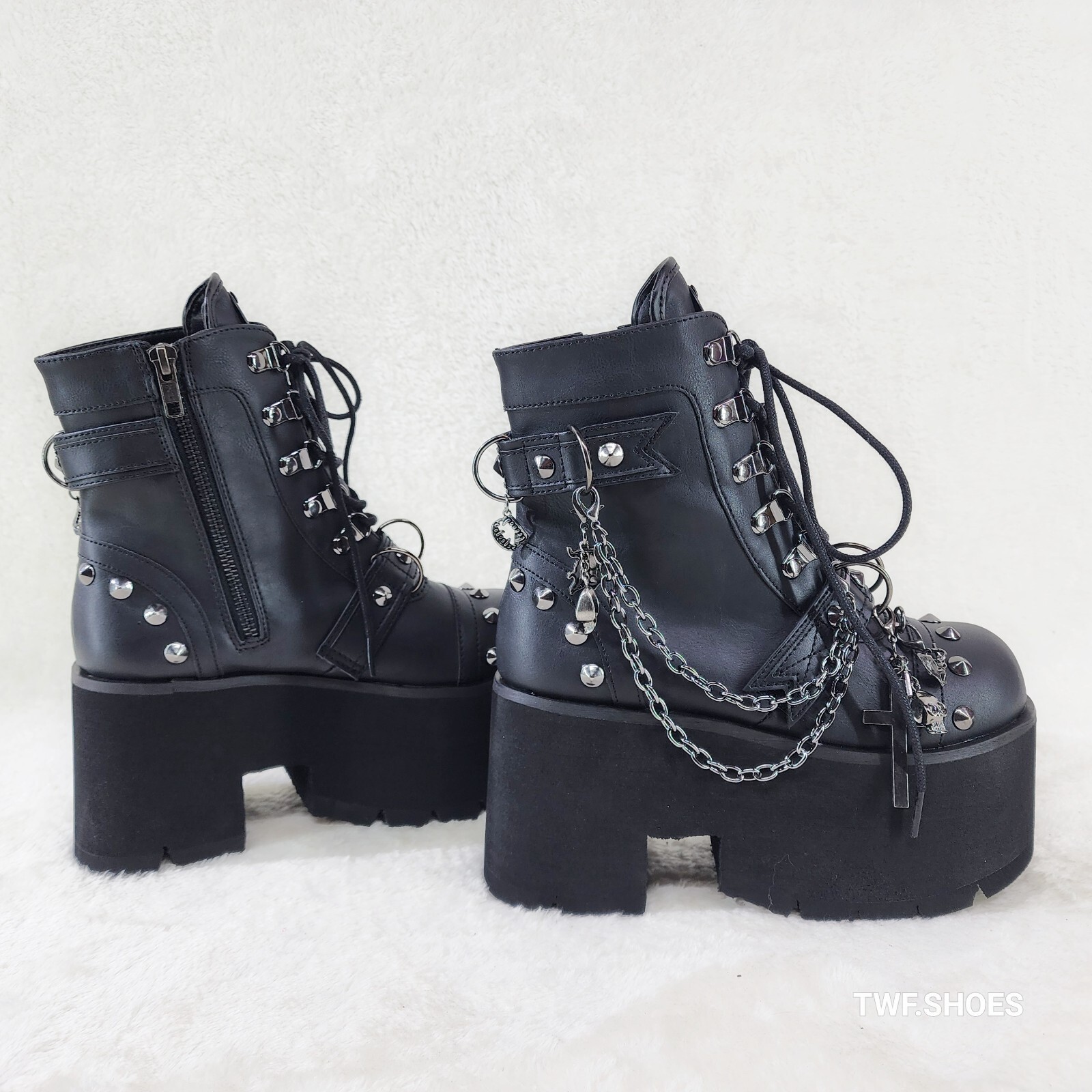 Ashes 3.5″ Platform Goth Punk Boots Chain Charms Demonia 52