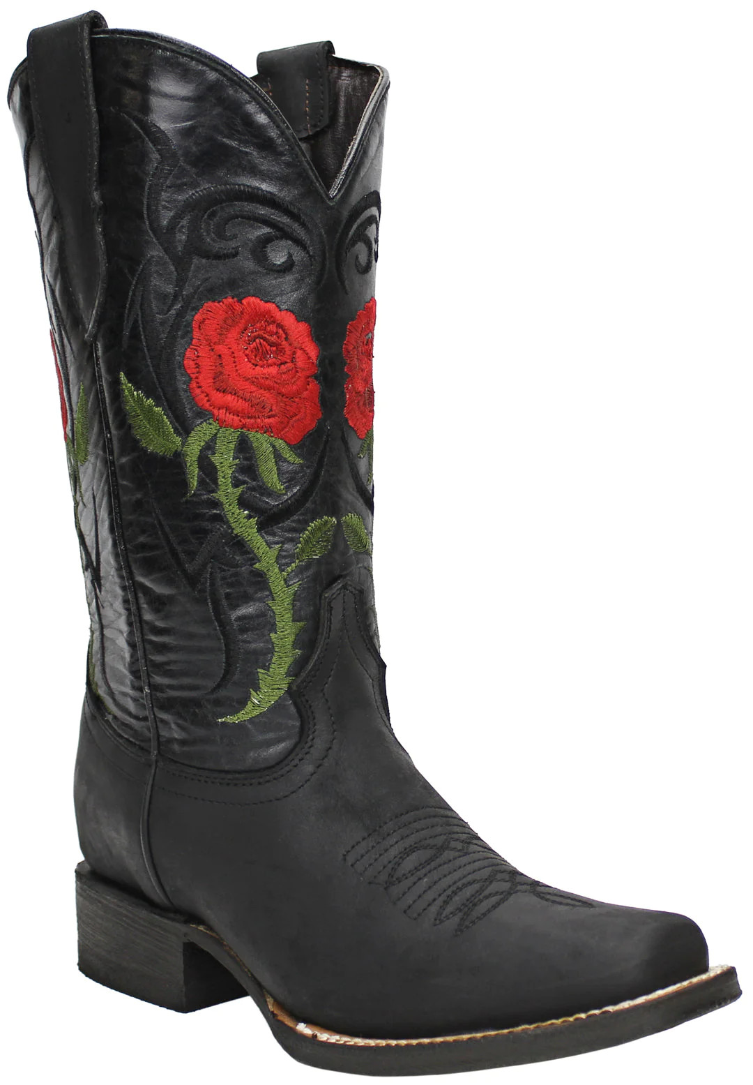 Ladies Genuine Leather Rose Square Toe Embroidered Black Boots Handcrafted