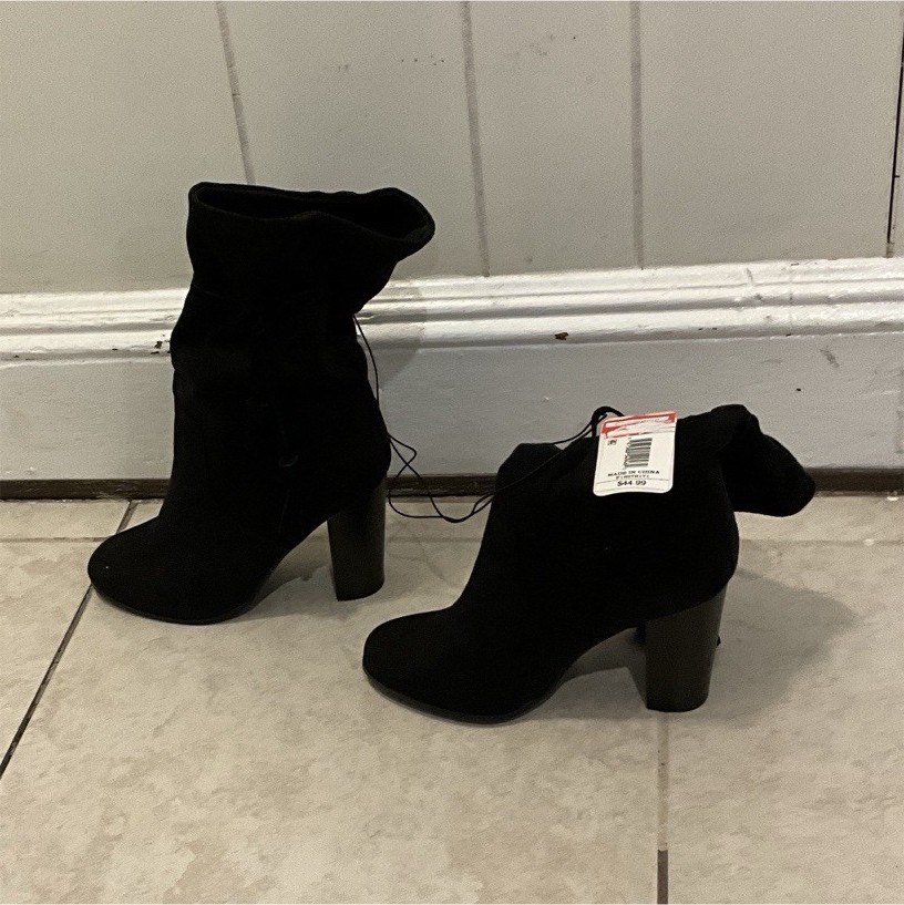 A New Day Black Suede Mid-Calf Tassel Block Heel Bootie Closed Toe Boots