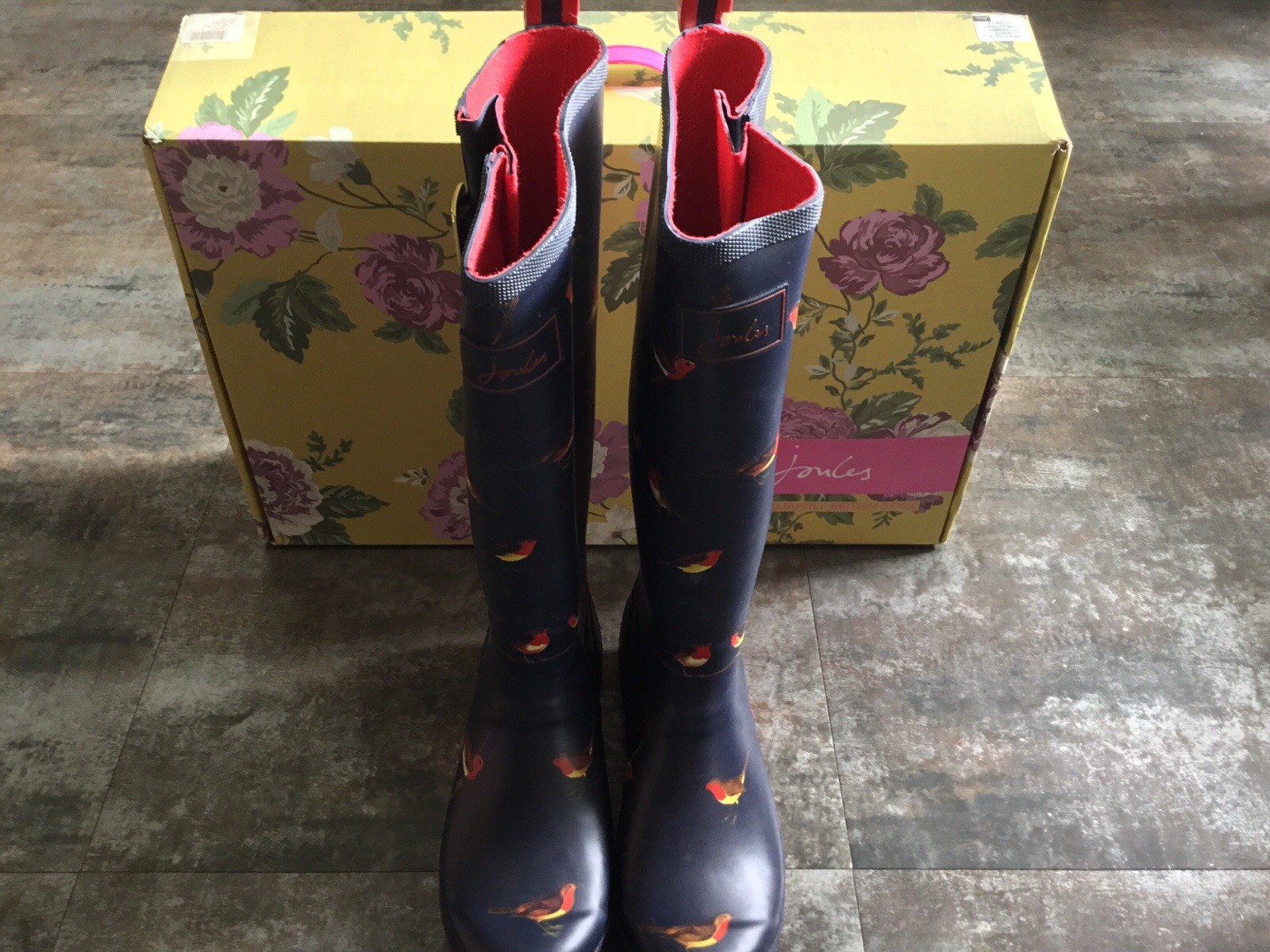 Women’s Joules Tall Rain Boots Sz 9 Welly Print Robin Bird Navy Red New NIB 2015