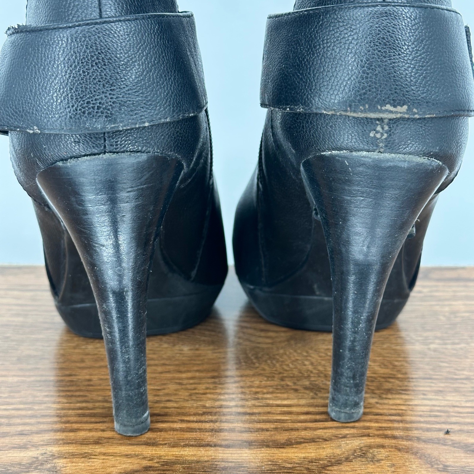 Nine West Womens Black Mid Calf Stiletto Boots Harness Strap Studded 9M Grunge