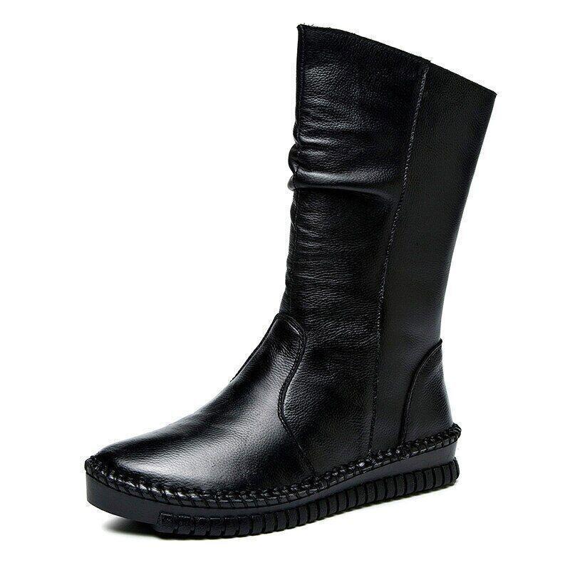 Women Autumn Spring Retro Leisure Elegant Work Pump Side Zip Flat Mid Calf Boots