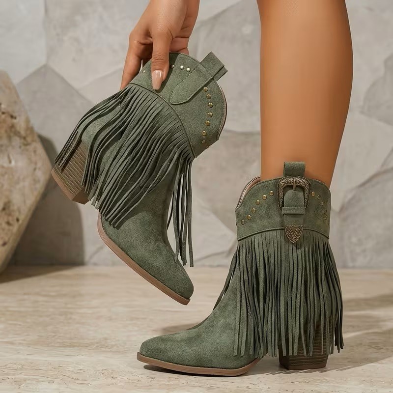 11 SAGE GREEN VEGAN SUEDE FRINGE COWGIRL BOOTIES WESTERN BUCKLE BLOCK HEEL BOOTS