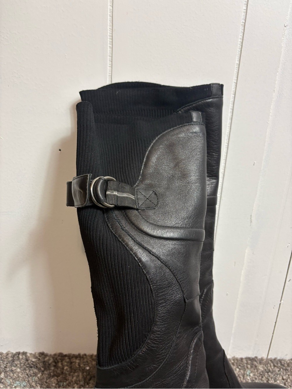 Blondo Boots Womens 9 Tall Leather Ribbed Stretch Inlets Heeled Buckle Riding