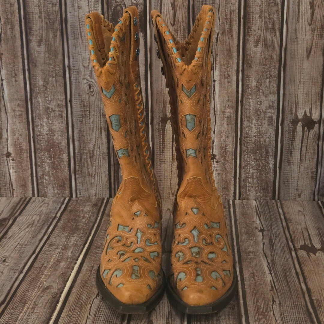 Sz 6 B Womens JB Dillon Tan Turquoise Filigree Cutout Western Boots Excellent