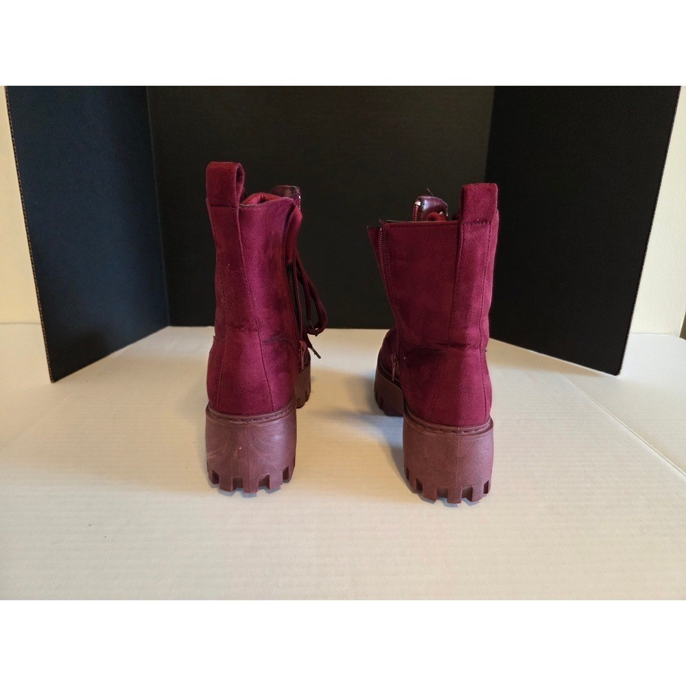 Broadway Burgundy Faux Suede Platform Combat Boots Lug Sole Lace Up Side Zip 7