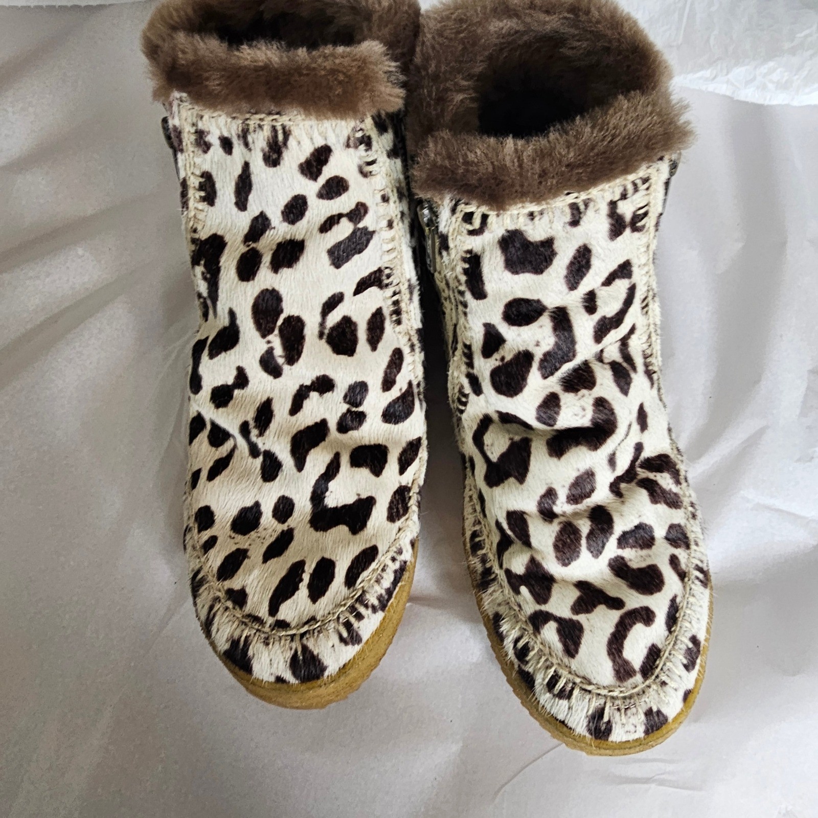 Laidback London Setsu Leopard Print Calf Hair Crochet Ankle Boots Size 40