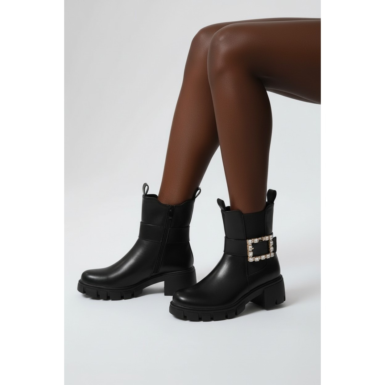 Dream Paris Womens Black Block Heel Rhinestone Buckle Side Zip Boots Size 6.5