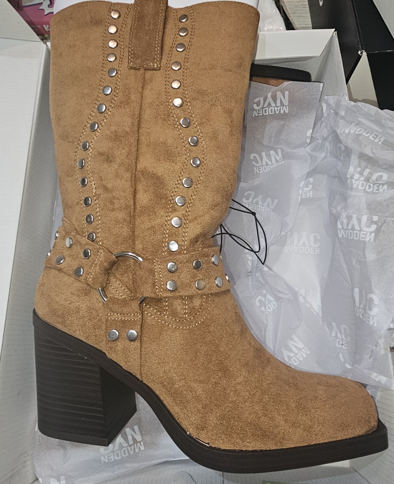 Madden NYC Women’s Brown Suede Studded Mid-Calf Zip Square Toe Boot US 6