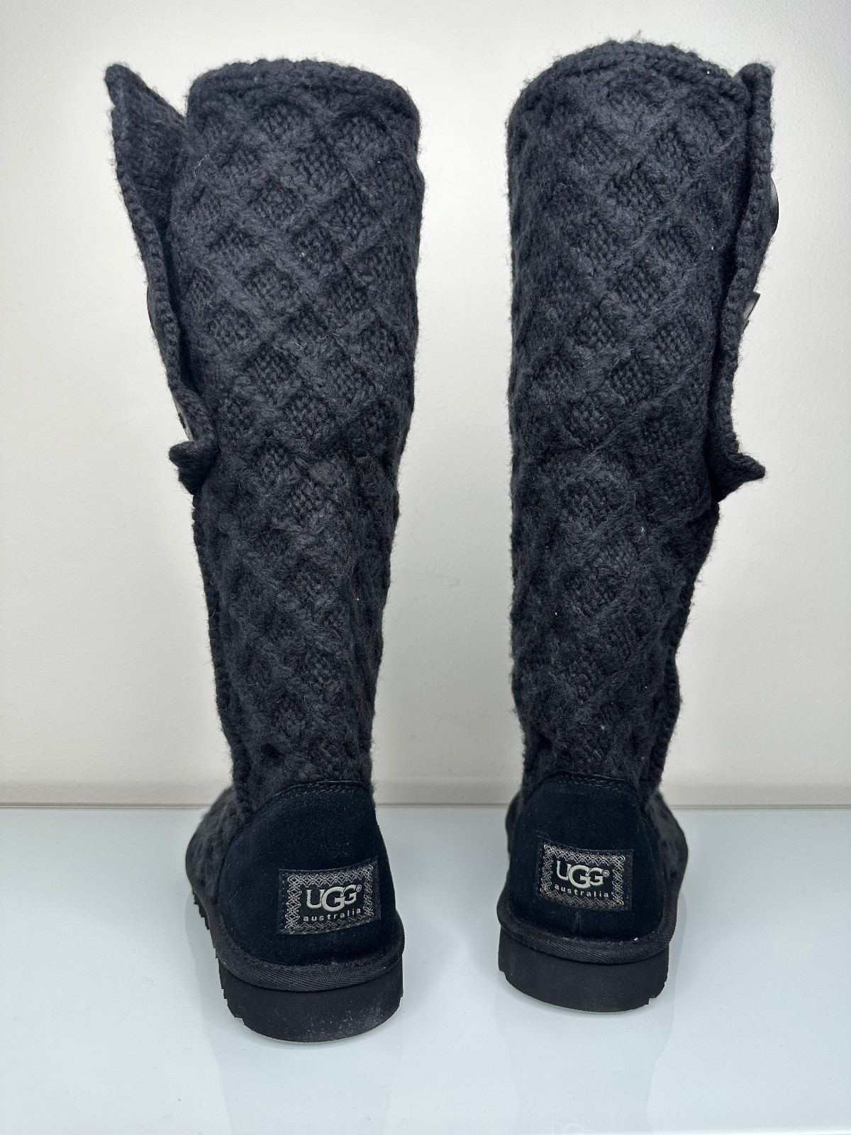UGG 3066 Black Boots Lattice Cardy Cable Knit Button Boots 8 US