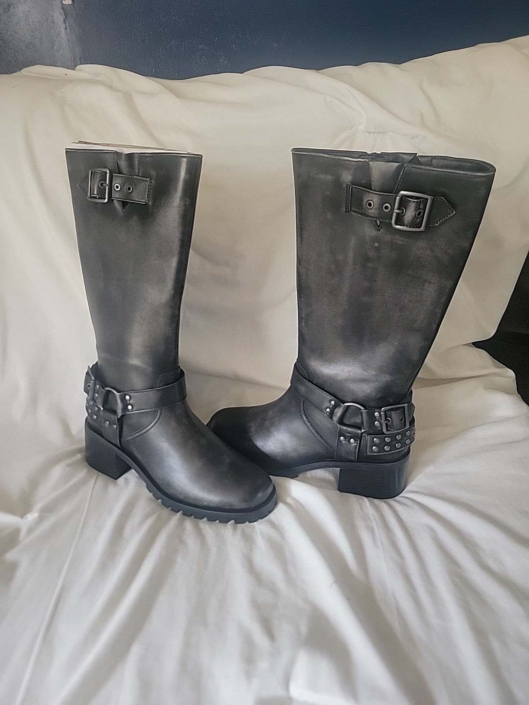 Lisa Vicky 7M Madly Knee High Boot Black Distressed Zip Adjustable Buckle New