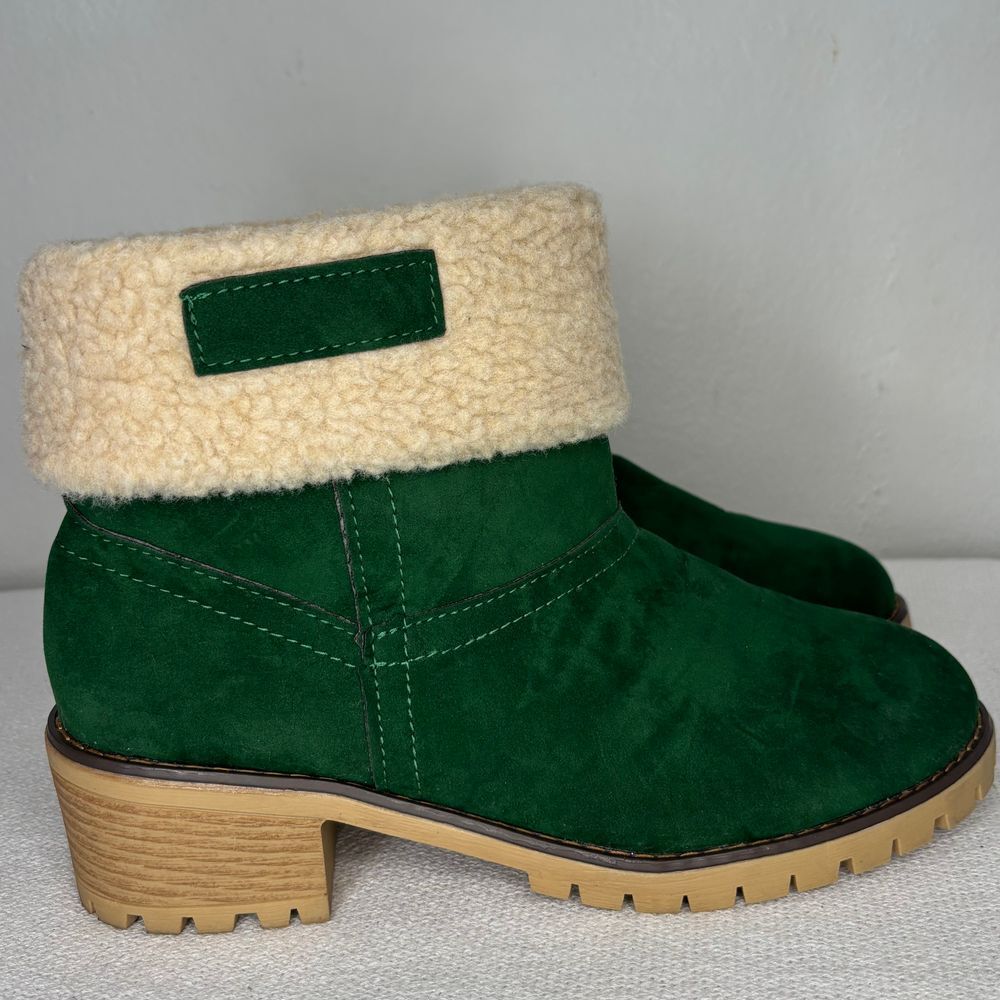 Green Ankle Boots Christmas Holiday Fuzzy Sherpa Heel Sz 9.5 Women’s Winter Boot