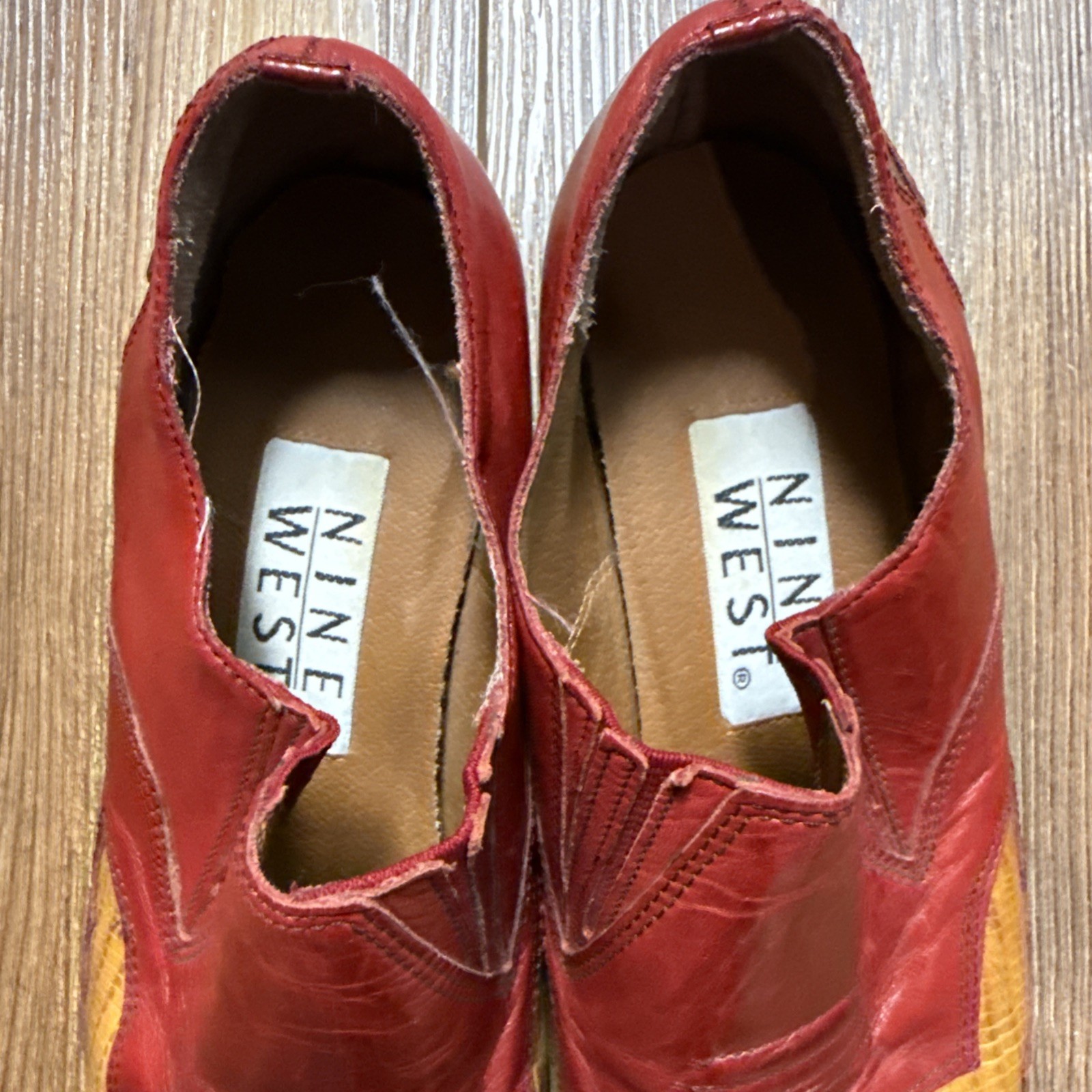 Nine West Aviva Leather Western Ankle Boots Red Yellow Pointed Toe Heels 6 1/2 M