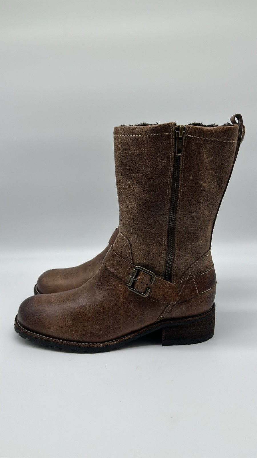 LLBean Deerfield Leather Harness Mid Boots Faux Shearling Women’s Size 8.5 B VTG