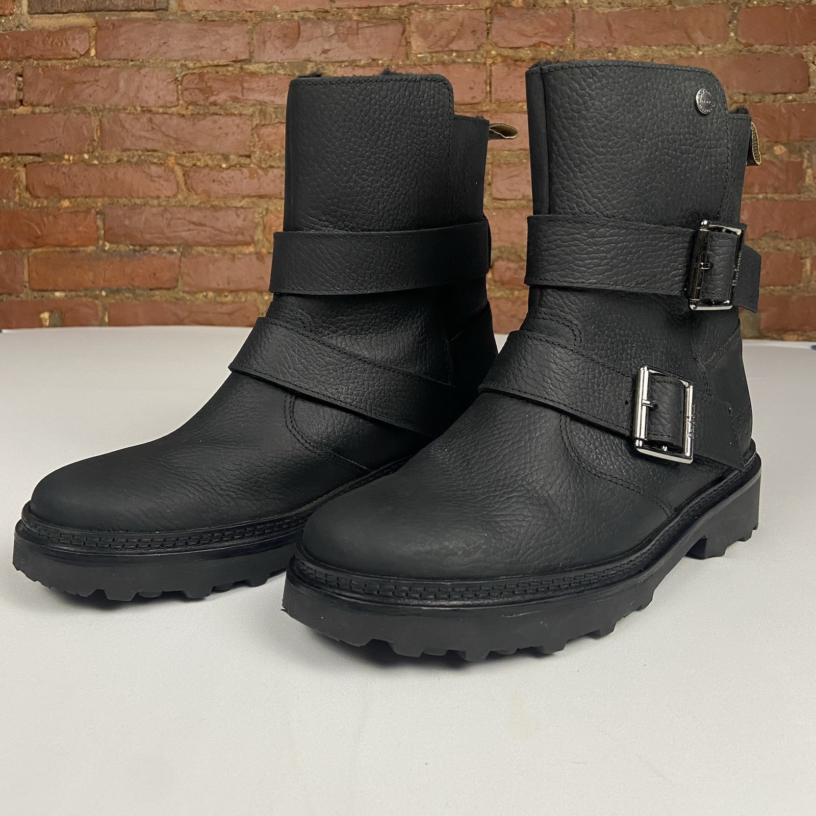 Barbour Spear Buckle Boots Womens 5 Black Leather Fleece Lined Moto