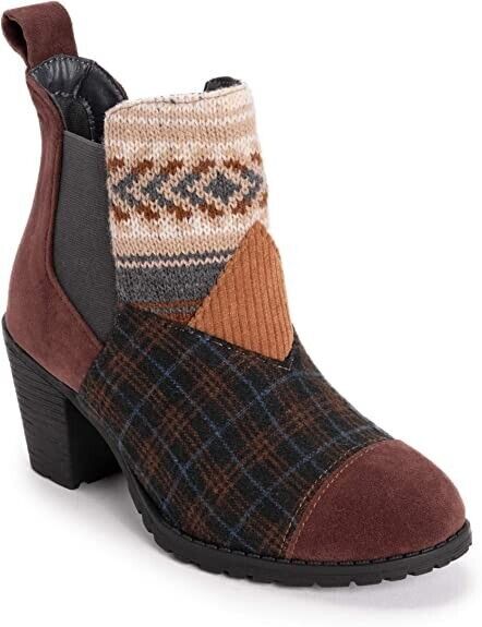 MUK LUKS WOMEN’S NADINE PULL ON ANKLE FASHION BOOTS STACKED HEEL COGNAC 1000058