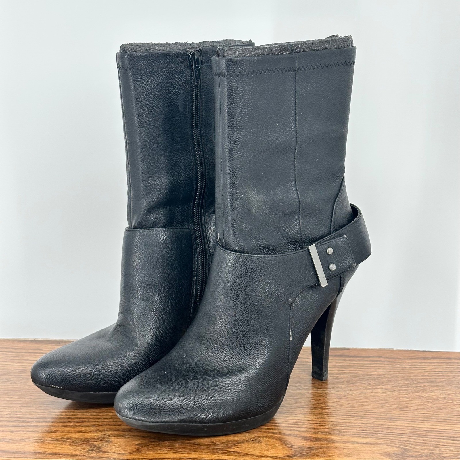 Nine West Womens Black Mid Calf Stiletto Boots Harness Strap Studded 9M Grunge