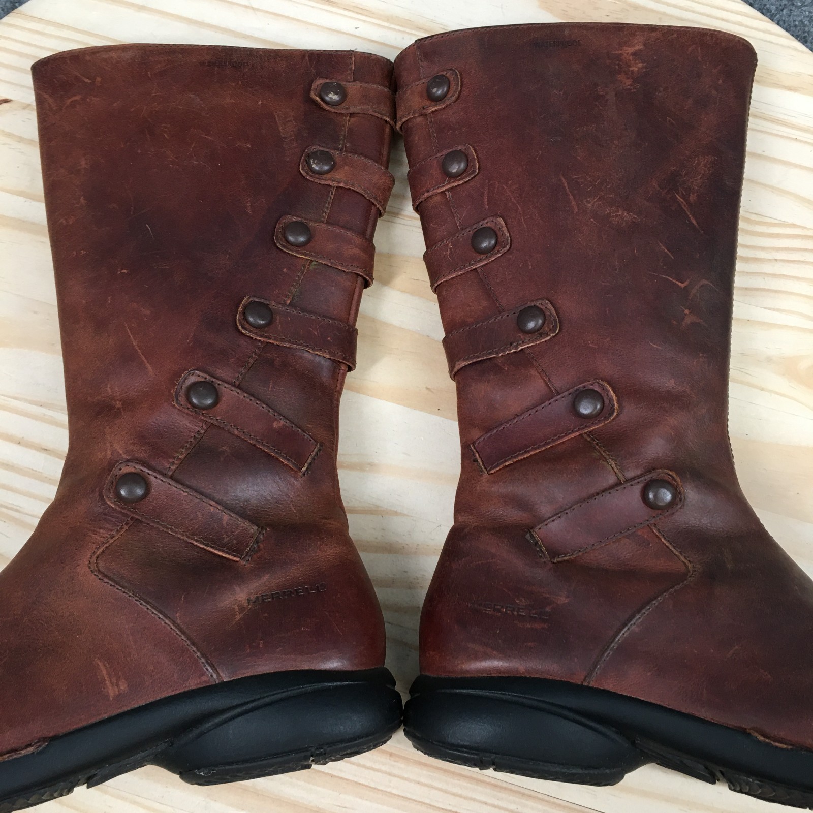 Merrell Tetra Launch Boots Womens 7.5 Biker Waterproof Side Zip Mid-Calf Brown