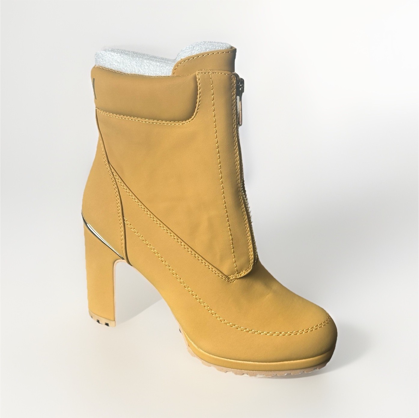 DKNY Tan Ankle Bootie Block Heel Zipper Rugged Rubber Sole Logo Lined Round Toe
