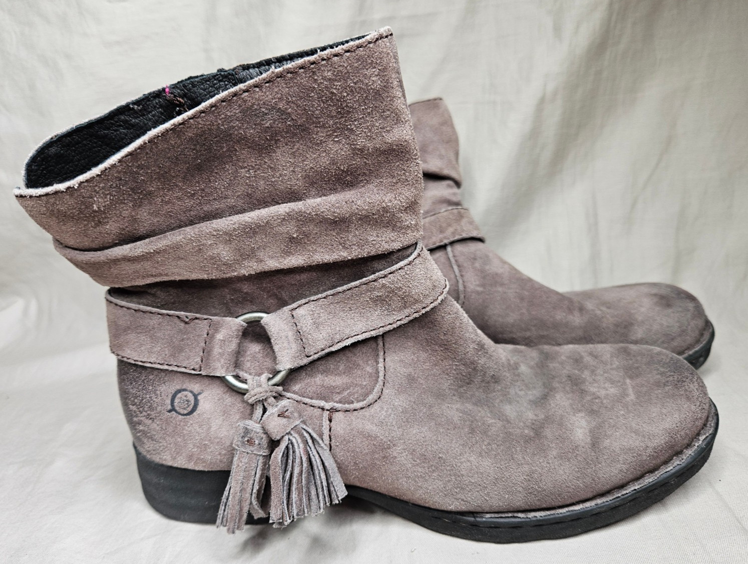 Born Ankle Boots Womens SZ 8 Gray Suede Leather Round Toe Zip Tassel Block Heel