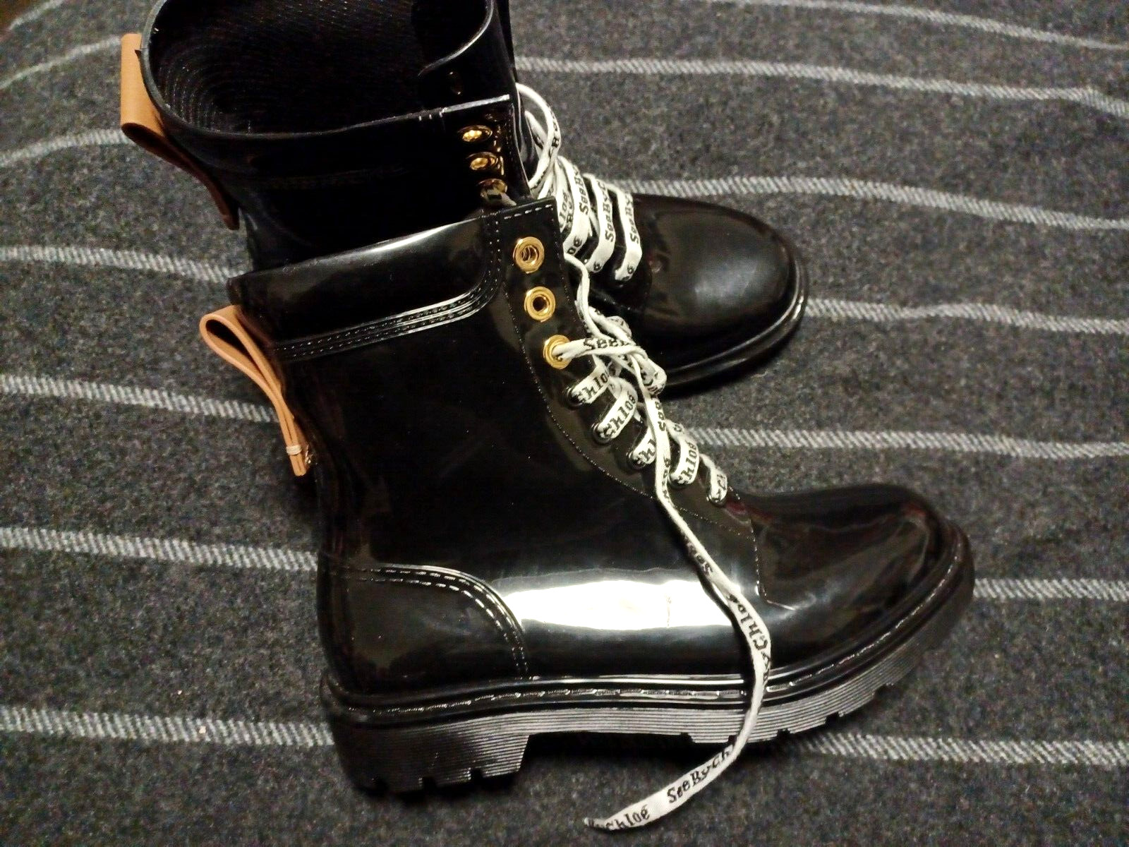 See by Chloé Florrie Lace-Up Rain black rubber Boots signature laces .38 EU/8 US