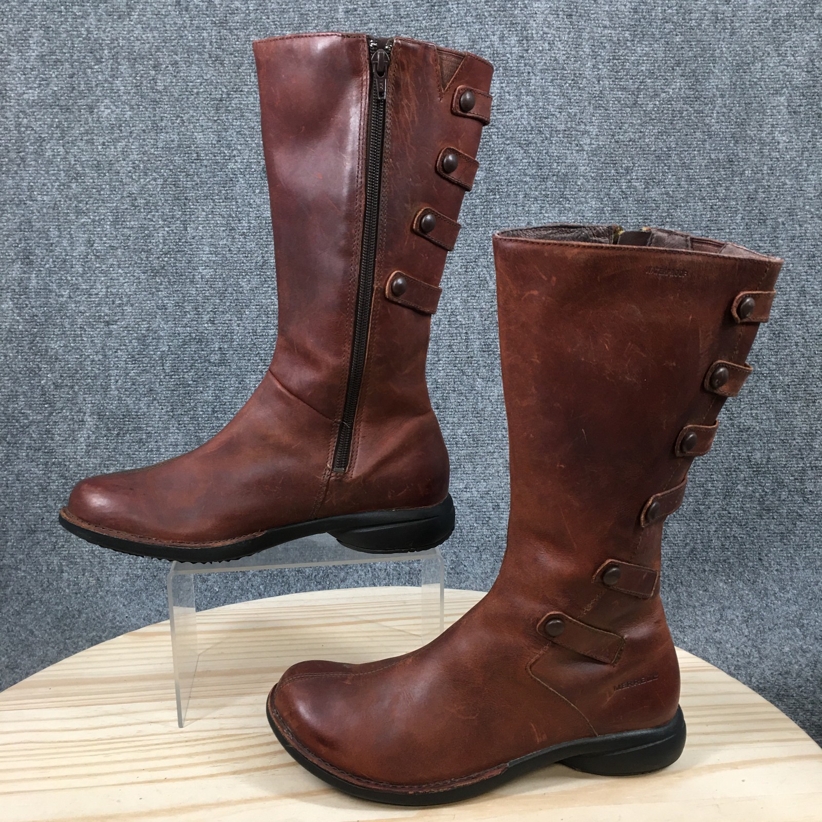 Merrell Tetra Launch Boots Womens 7.5 Biker Waterproof Side Zip Mid-Calf Brown