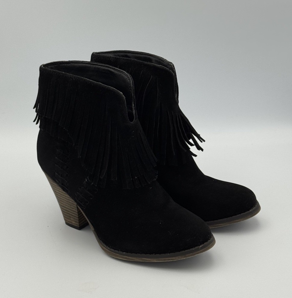 DailyShoes Black Suede Fringe Ankle Boots Western Boho Block Heel Women’s 6