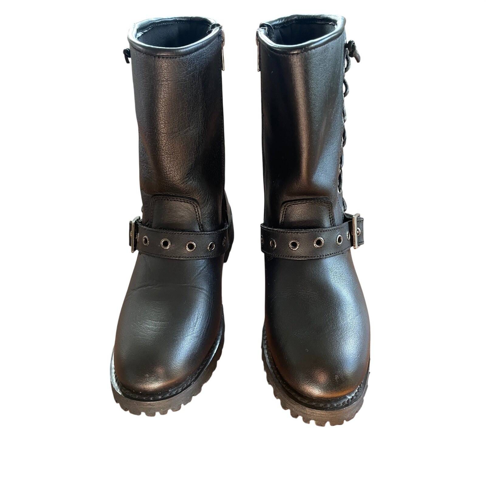 Xelement Dahlia Womens Black Leather Motorcycle Boots Wide Buckle Lace Up 9.5
