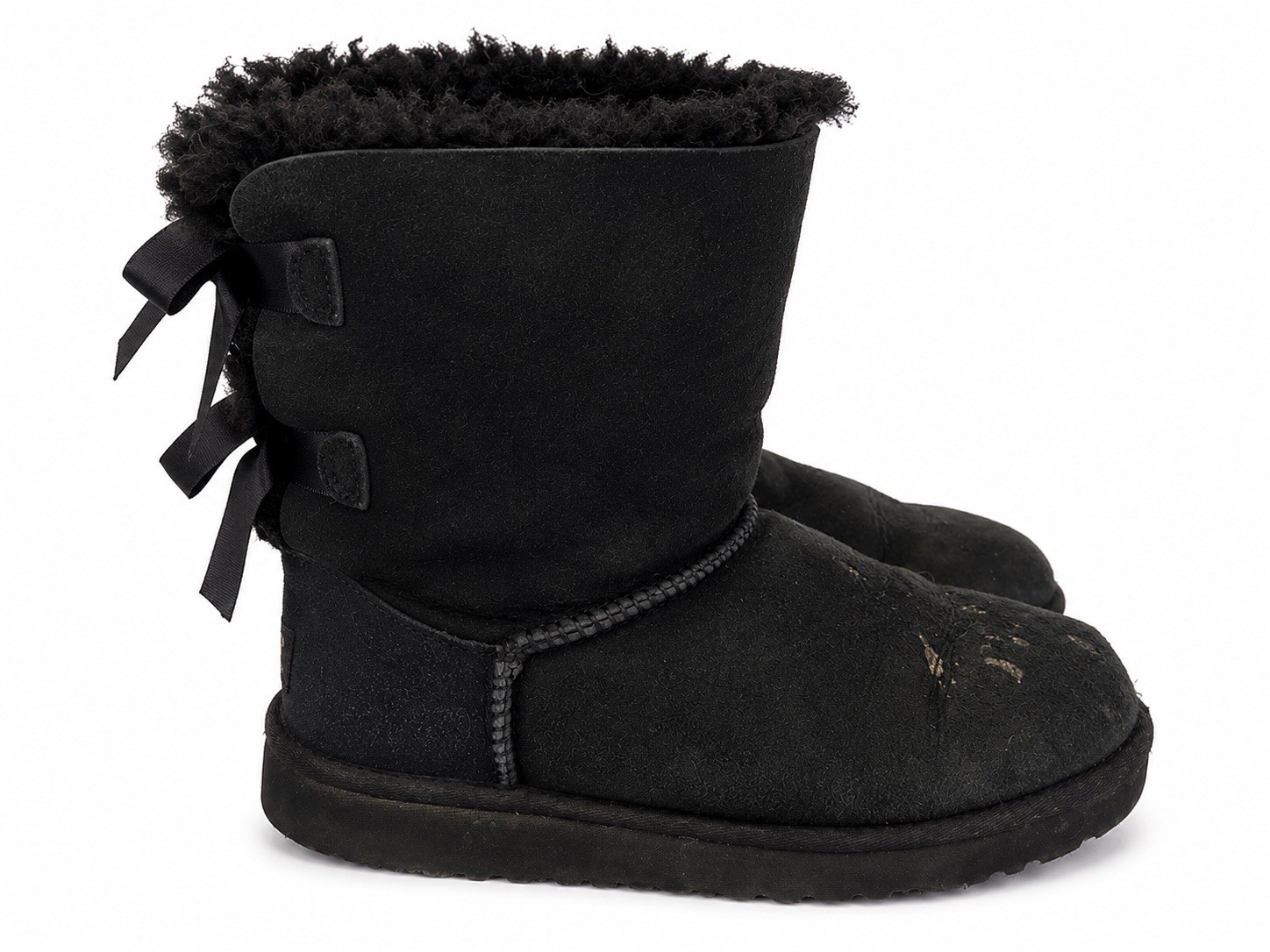 UGG Australia Bailey Bow Black Suede Sheepskin Lined Mid-Calf Boots Women 7