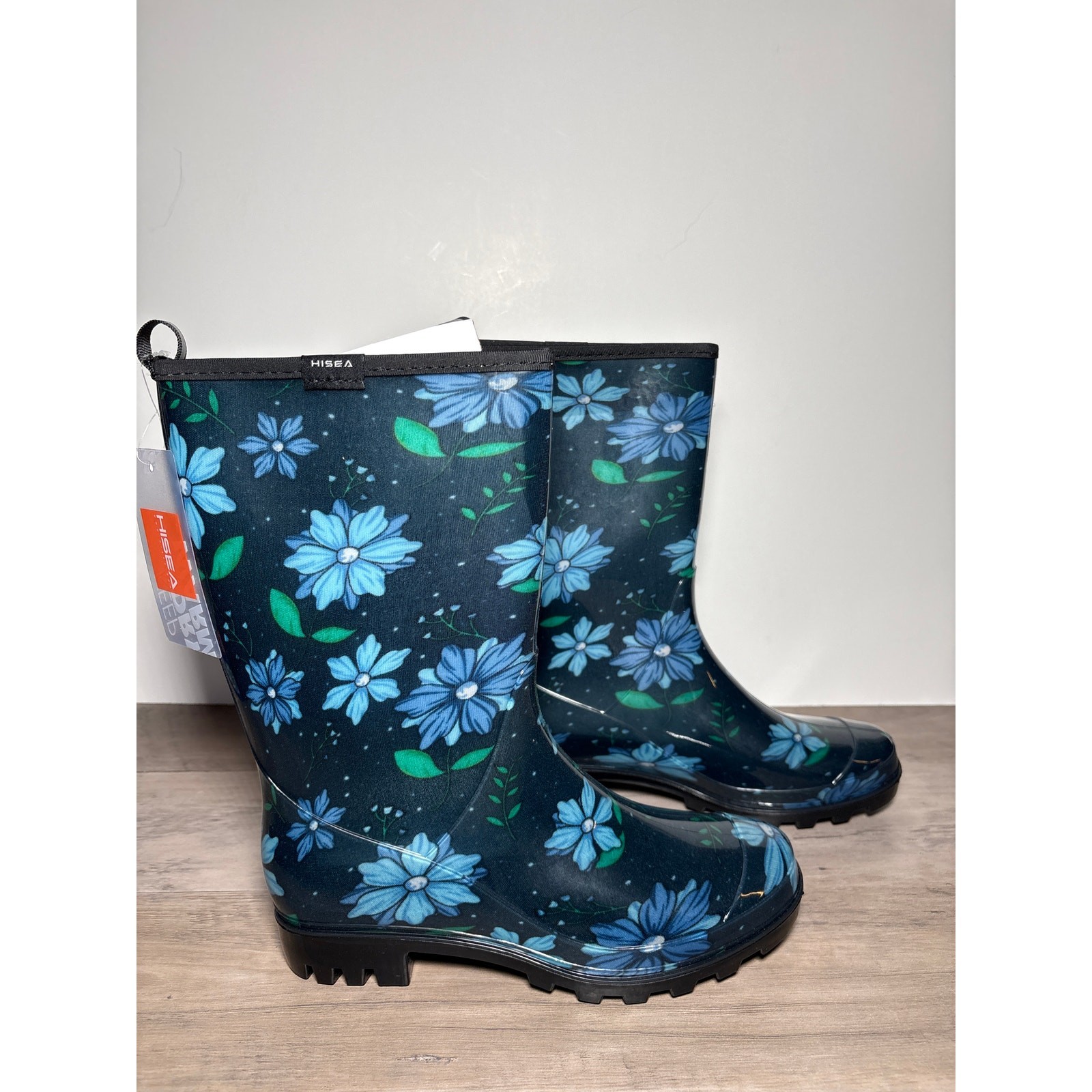 HISEA Women’s Rubber Mid-Calf Rainboots Black Blue Floral Size 7- NWT