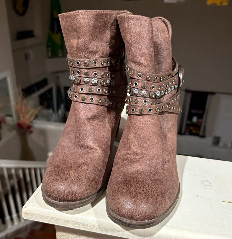 Brown Suede Ankle Bootie Zip Buckle Strap Studded Block Heel Round Toe 8