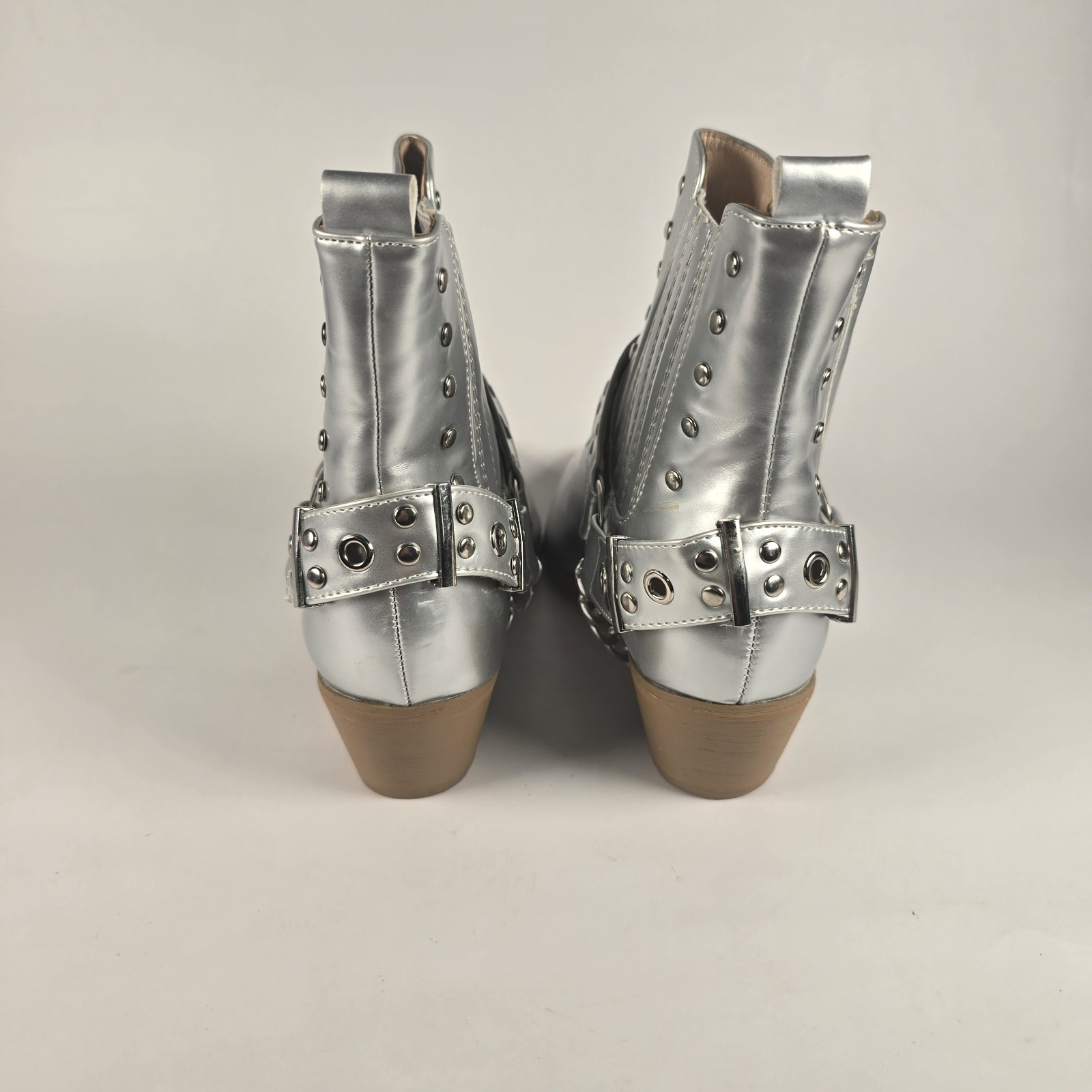 Cape Robbin Silver Metallic Western Ankle Boots Studded Harness Chain Pointy Toe