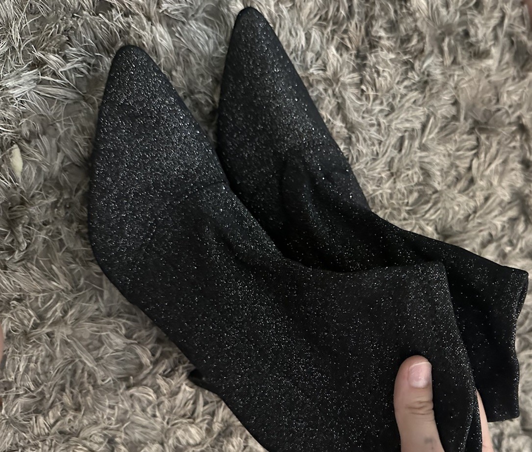 Womens Black Sequin Pointed Toe Stiletto Ankle Boots Size 8 Side Zip Glam