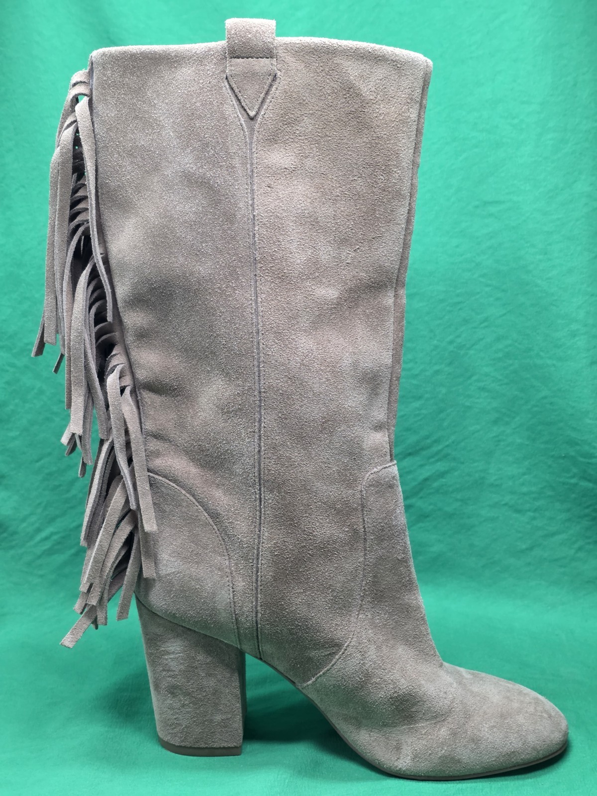 Nine West Tan Suede Leather Fringe Mid Calf Western Heel Pull On Boots Sz 8