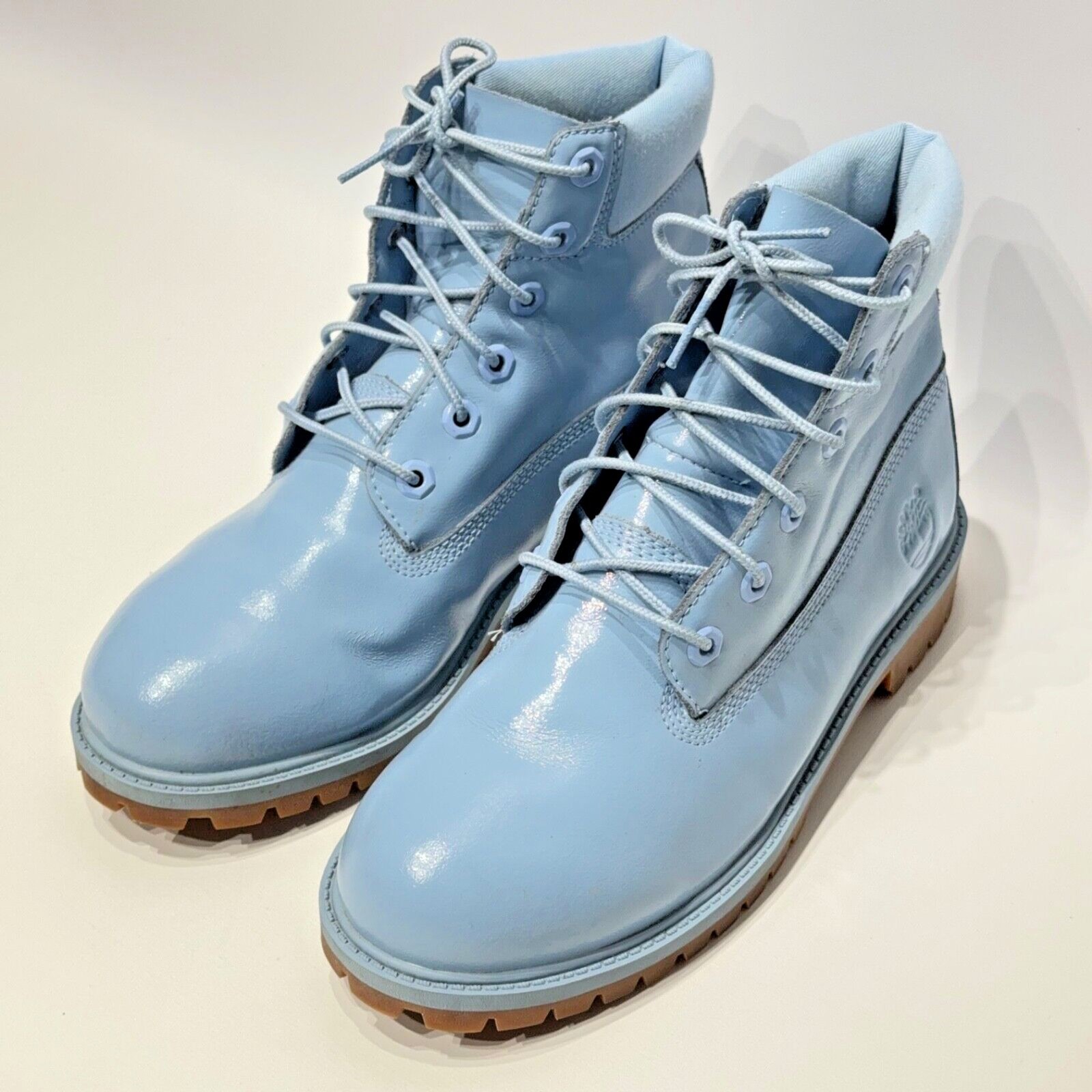 Timberland Light Blue Patent Leather Combat Boots ~ Women Size 8.5 (6.5 Girls)