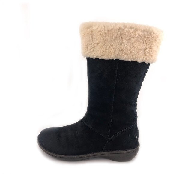 UGG Karyn Sheepskin Cuff Tall Winter Boots Womens Size 7 EUR 38 Black Leather
