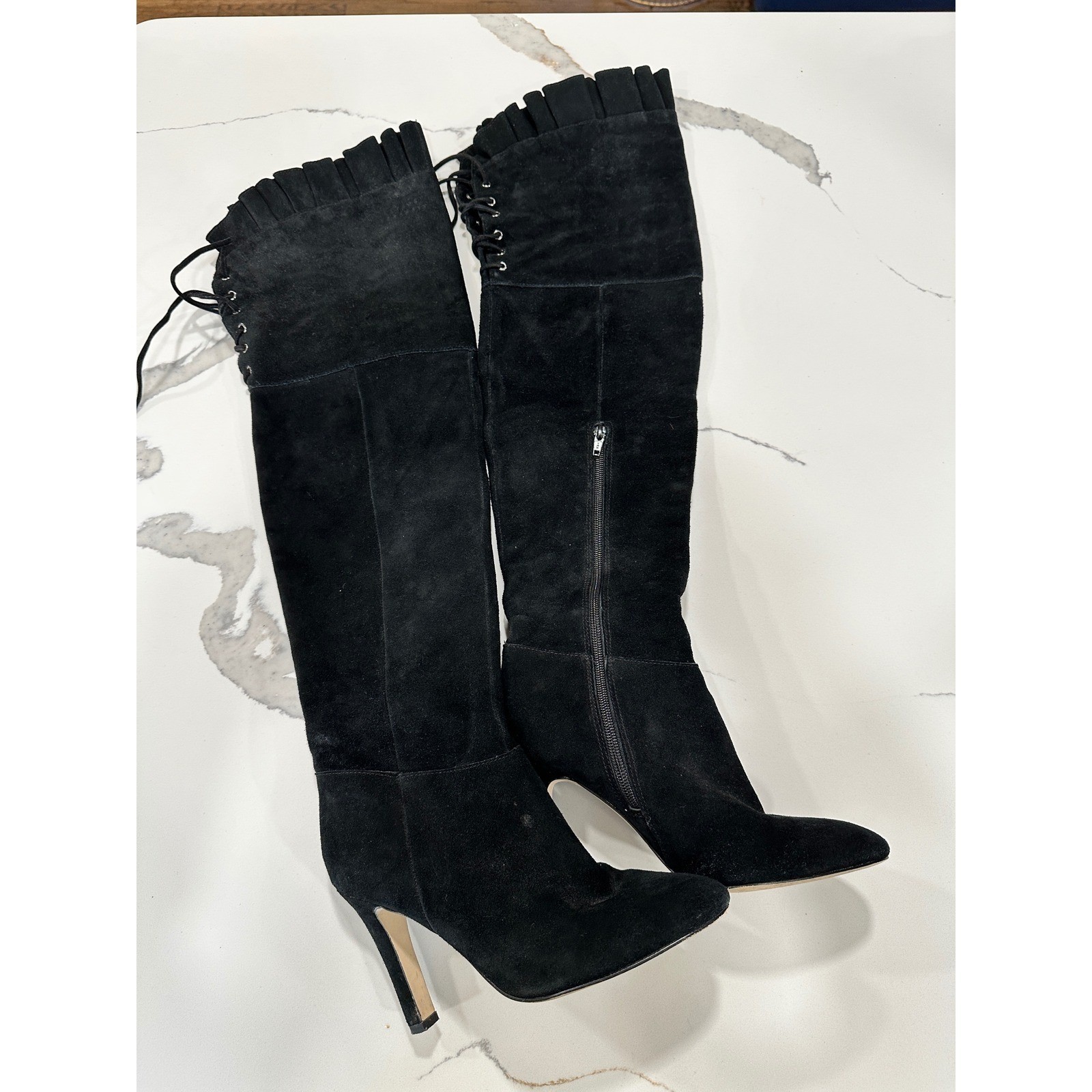 Kelsi Dagger Black Suede Lace Up Ruffle Over The Knee Boots Womens Size 7.5