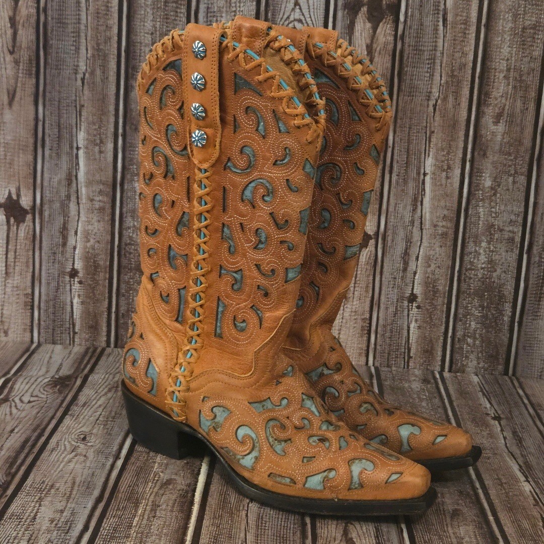 Sz 6 B Womens JB Dillon Tan Turquoise Filigree Cutout Western Boots Excellent