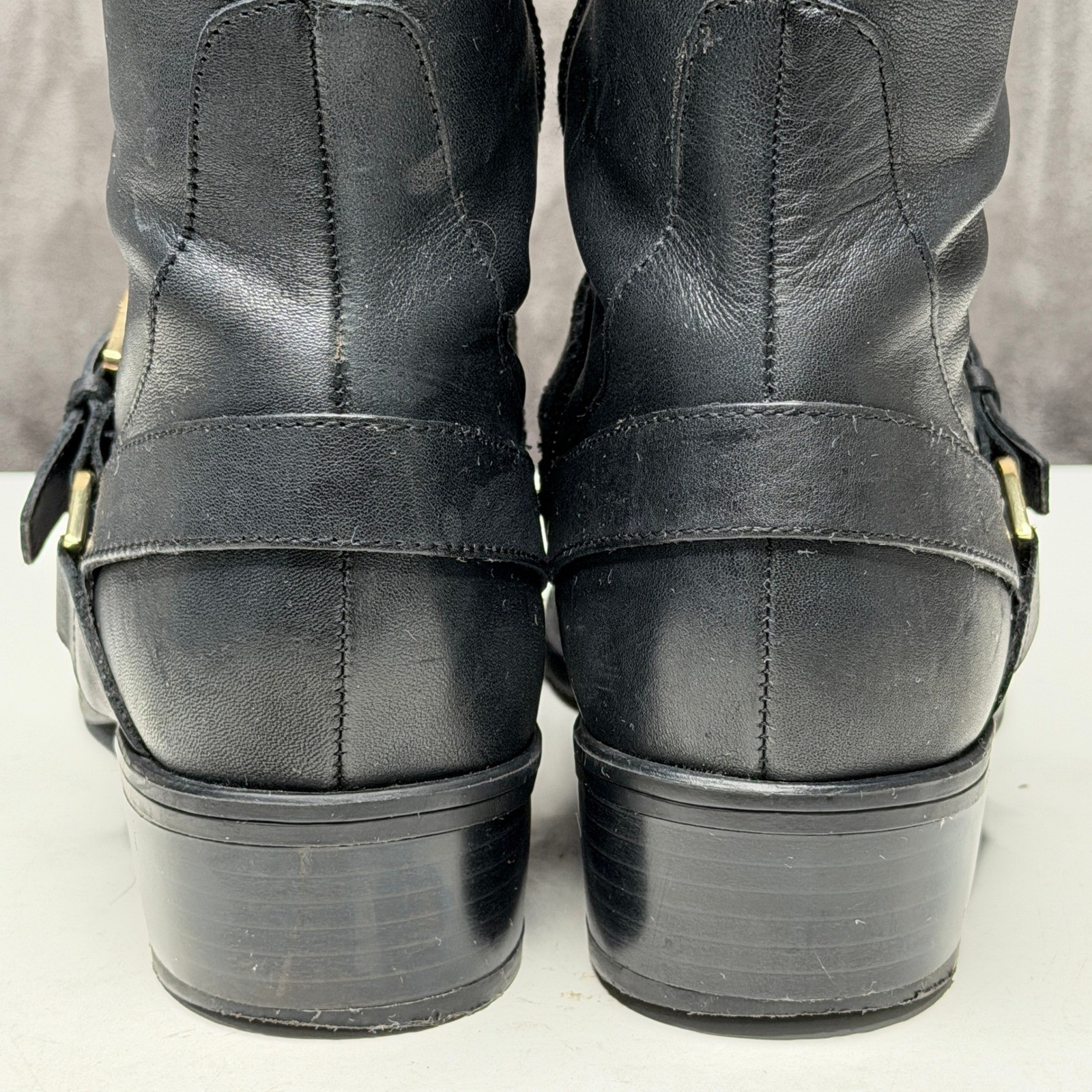 Lauren Ralph Lauren Riding Boots Women 8.5B Black Leather Gold Buckle Harness