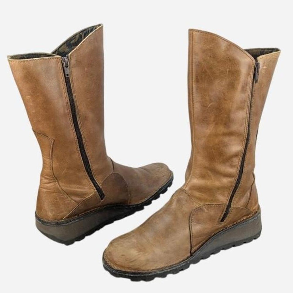 Fly London Mes 210315 Camel Leather Mid Calf Buckle Boot EU 41 / US 10-10.5