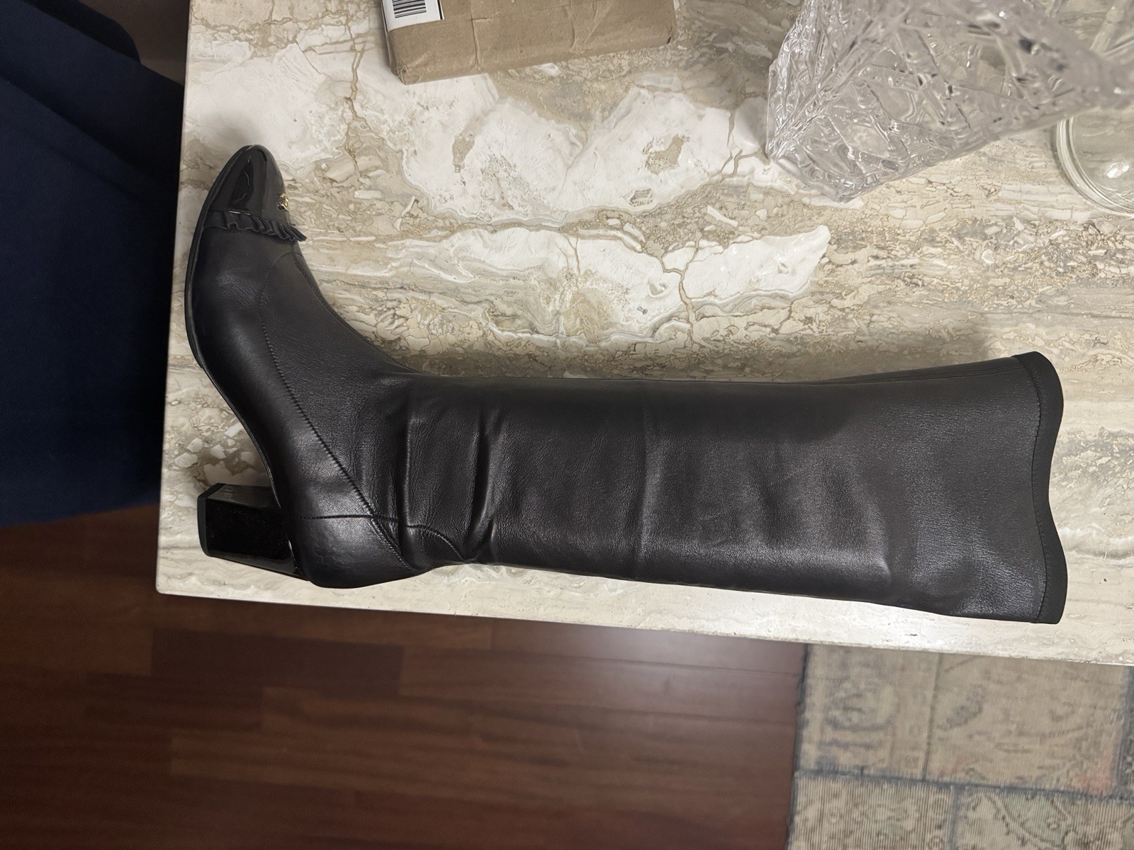CHANEL Women’s Black Leather Knee High Boots Almond Toe Zip Logo Ruffle Sz 8.5