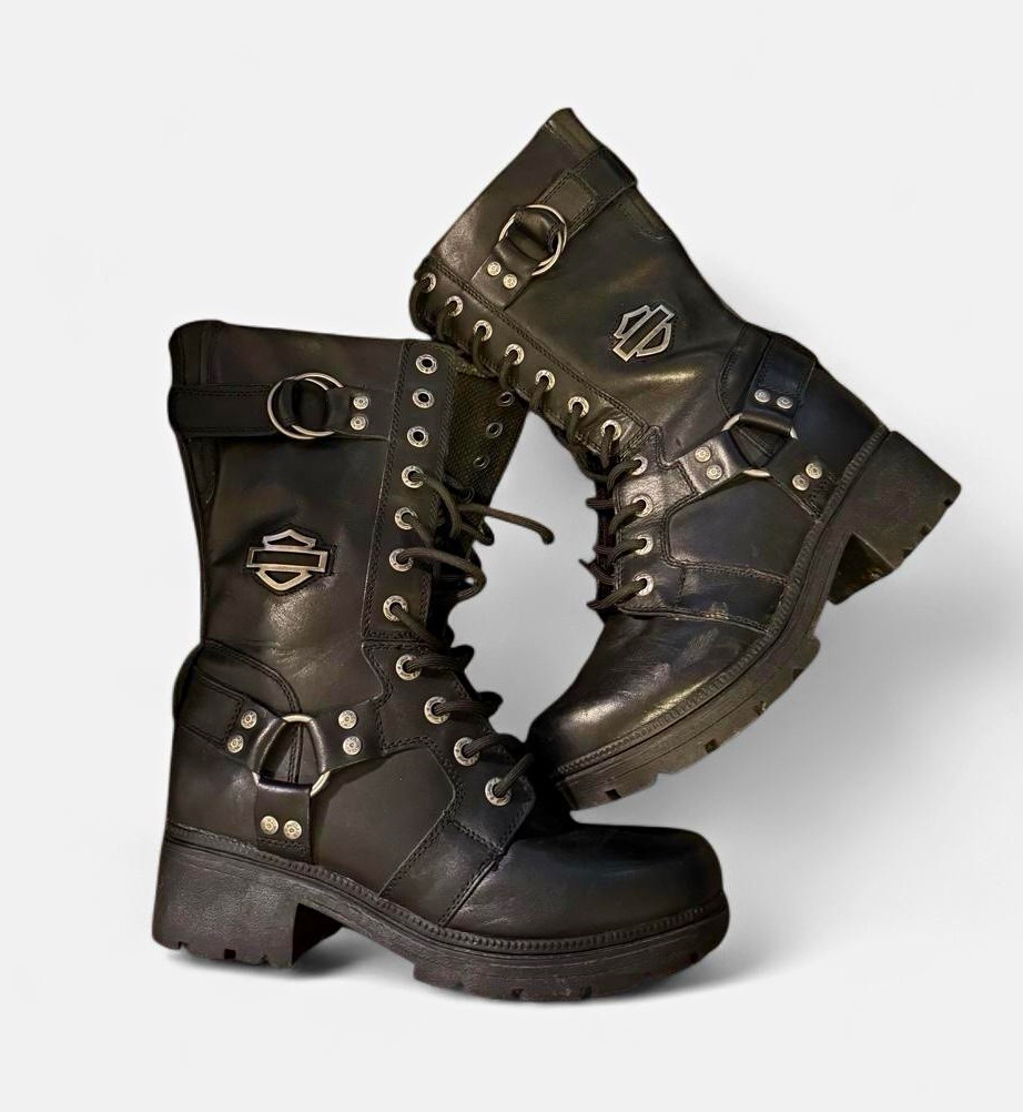 Harley-Davidson D83736 Black Leather Lace-Up Zip Up Moto Boots Straps