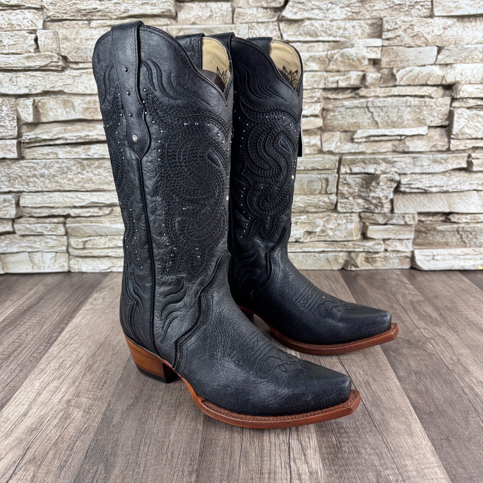 WOMENS ELEGANT BLACK COWGIRL BOOTS STUDDED EMBROIDERED GENUINE LEATHER SIZE 7