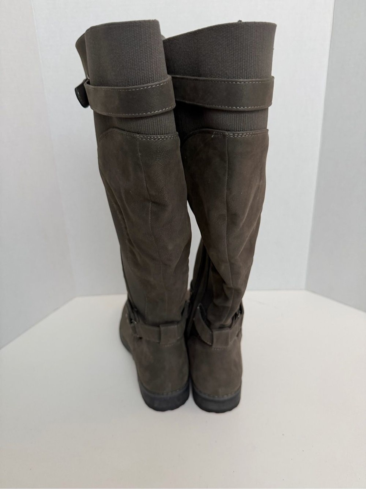 Torrid Boots Strappy Knee Faux Oil Suede Leather Buckles Tall Extra Wide Grey
