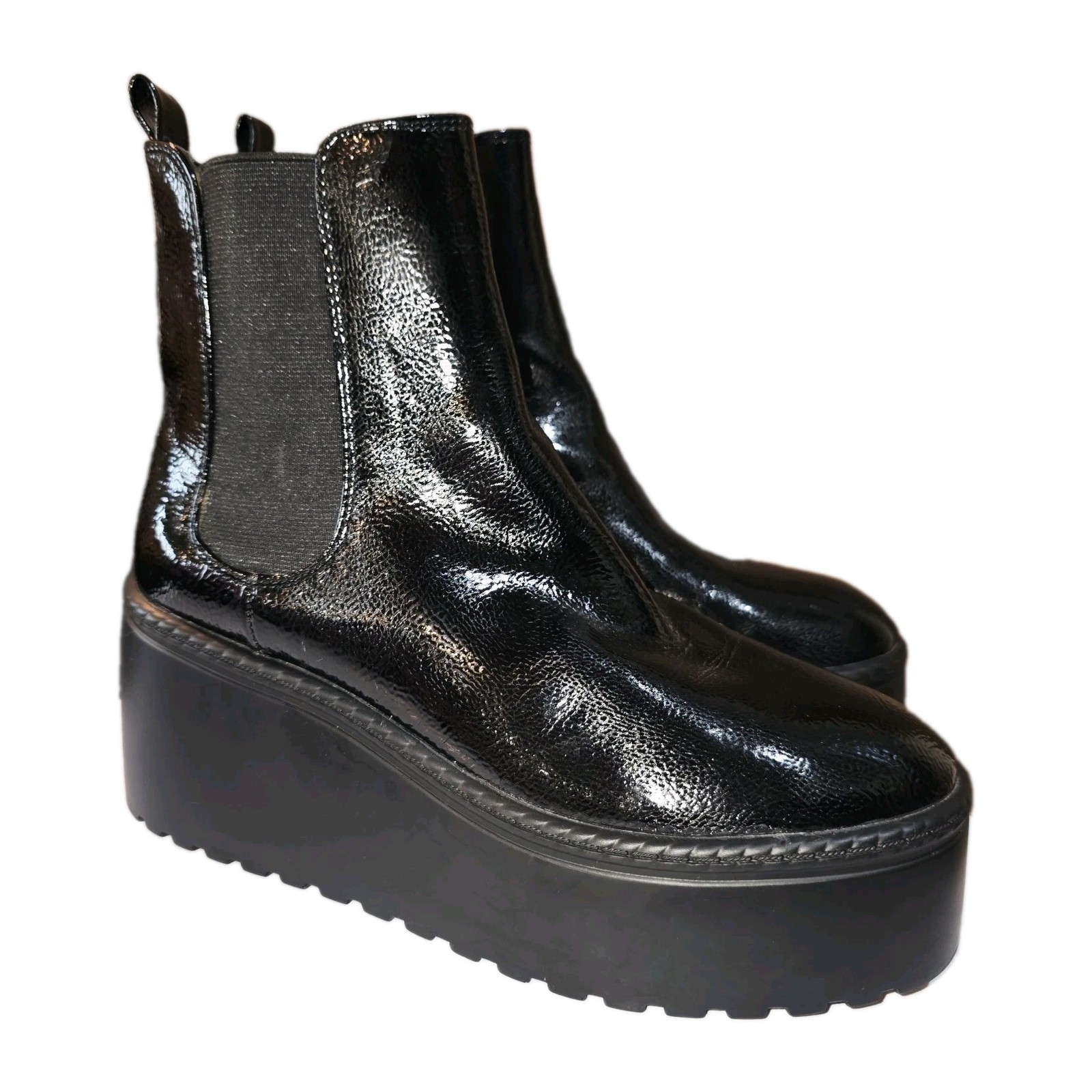 NINE WEST Sz 8 HENRITA Patent Black Pull On Platform Grunge Goth Ankle Boots