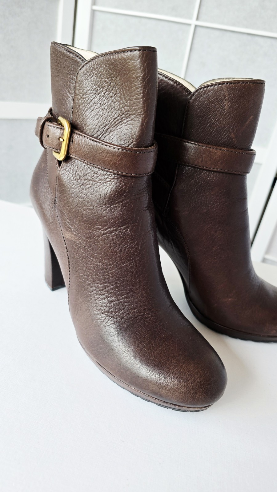 Prada Womens Ankle Boots Leather Dark Brown Size 38.5 Block Heel Excellent Condition