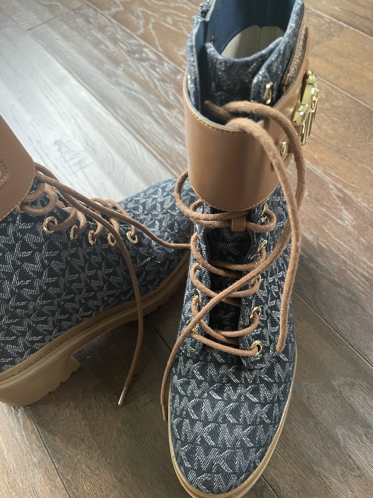 Michael Kors Rory Denim Combat Boots monogram W/brown leather straps Size 8.5