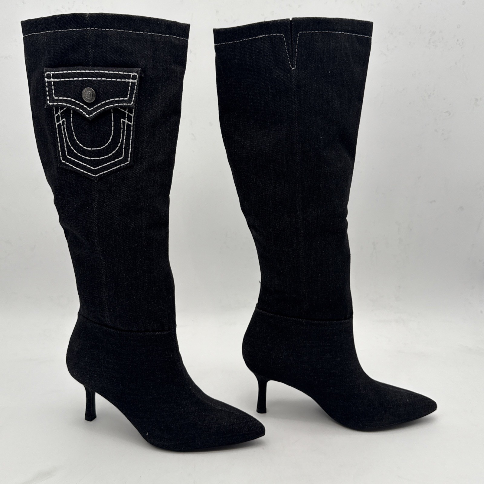 TRUE RELIGION Cookie Denim Knee High Boots Womens 10 Dark Denim